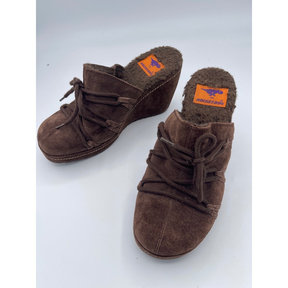 Rocket Dog Brown Faux Suede Fur Lined Wedge Mules Clogs Lace Up 10 Y2K Boho